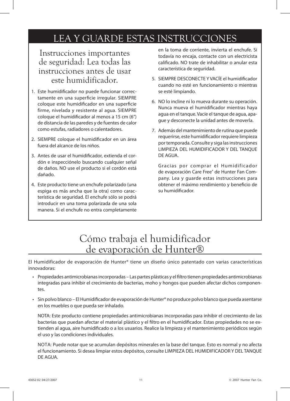 Lea y guarde estas instrucciones | Hunter Fan 38200 User Manual | Page 11 / 28