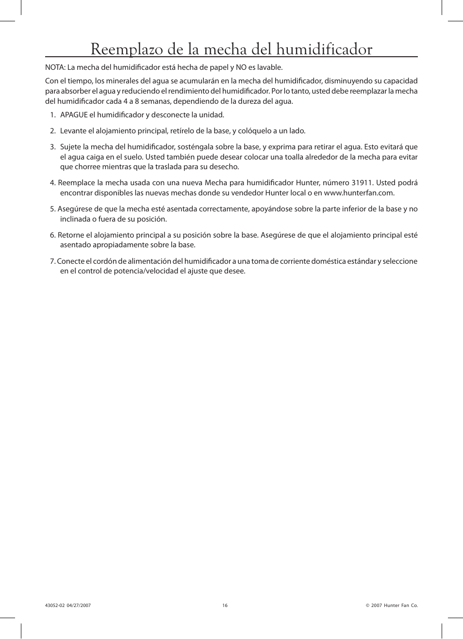 Reemplazo de la mecha del humidificador | Hunter Fan 38200 User Manual | Page 16 / 28