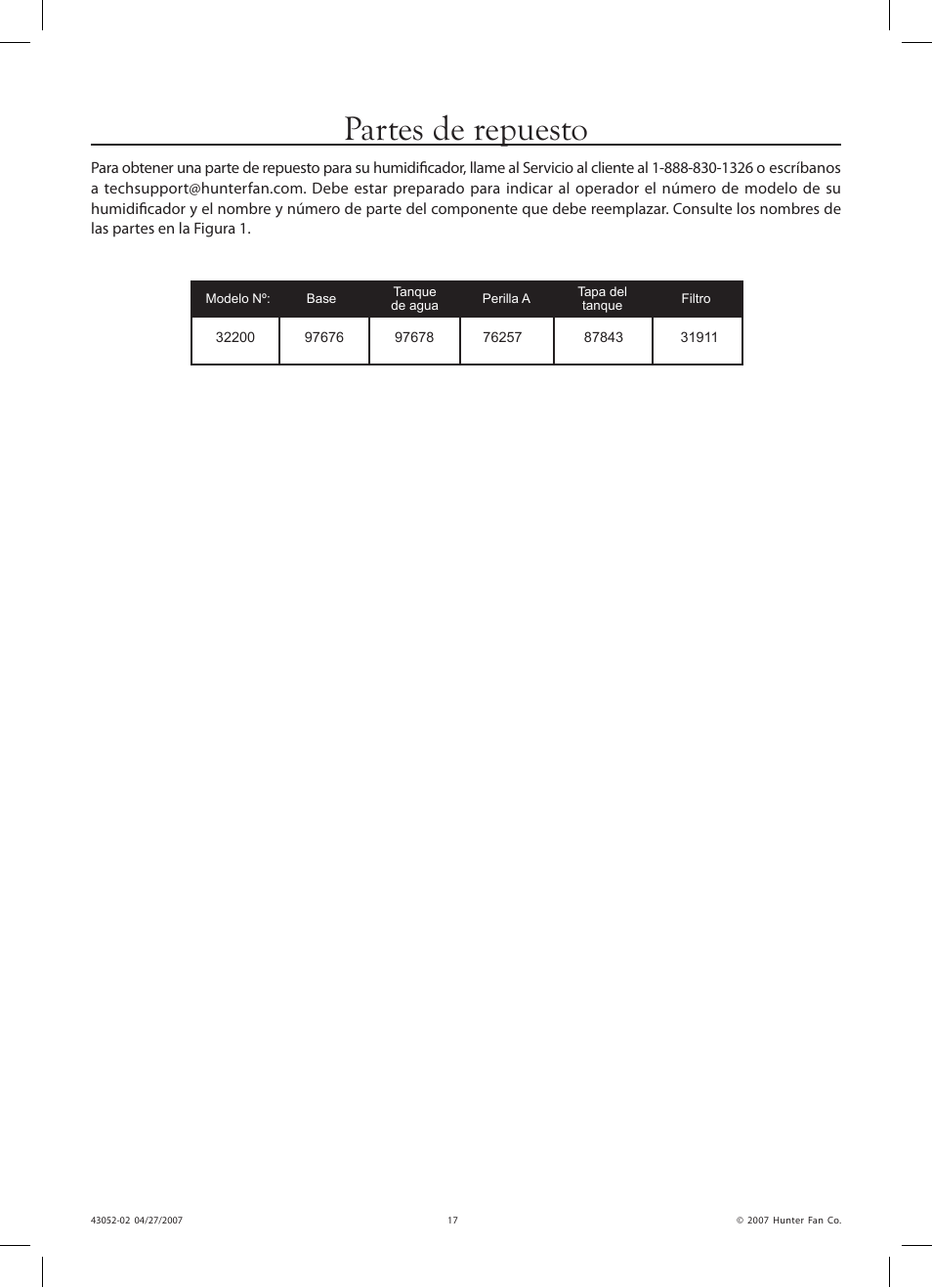 Partes de repuesto | Hunter Fan 38200 User Manual | Page 17 / 28