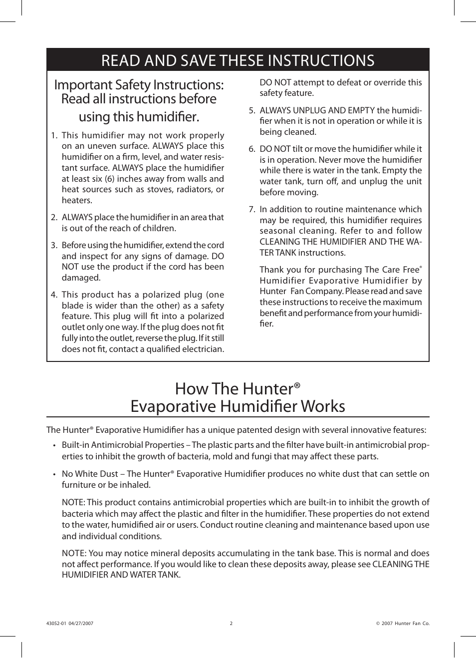 How the hunter® evaporative humidifier works, Read and save these instructions | Hunter Fan 38200 User Manual | Page 2 / 28