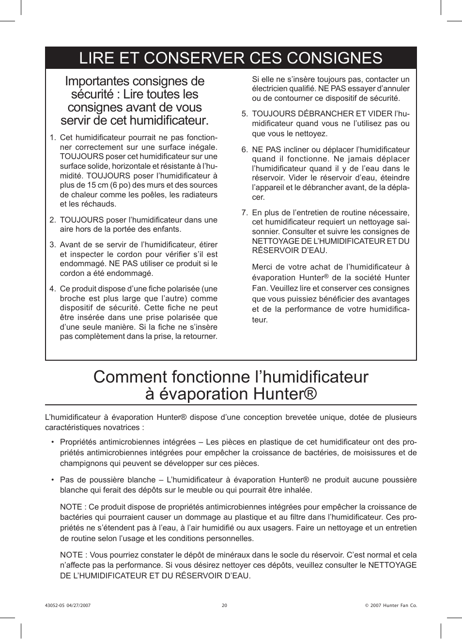 Lire et conserver ces consignes | Hunter Fan 38200 User Manual | Page 20 / 28