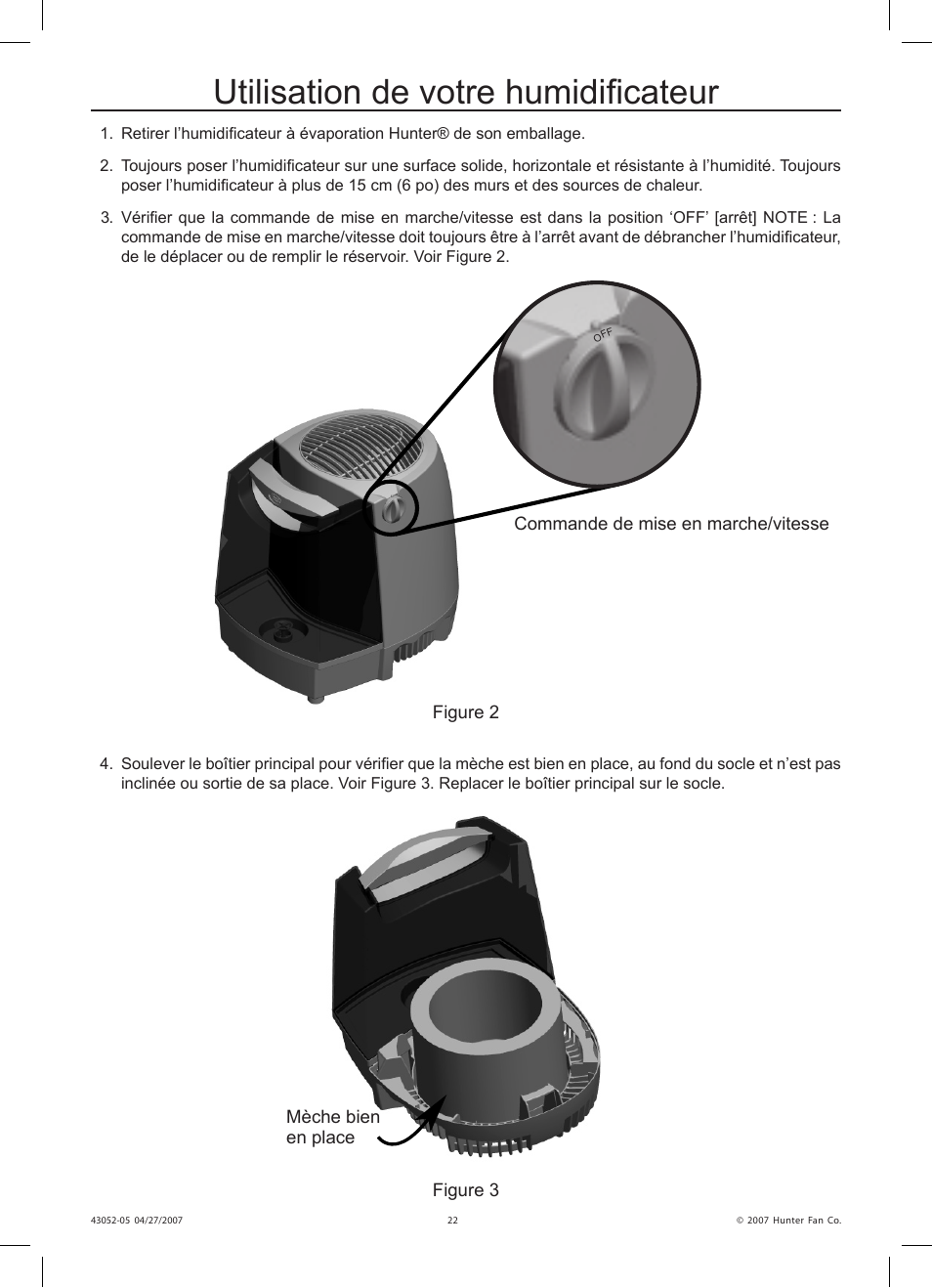 Utilisation de votre humidificateur | Hunter Fan 38200 User Manual | Page 22 / 28