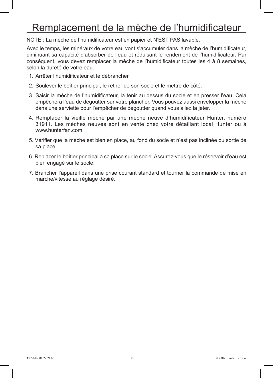 Remplacement de la mèche de l’humidificateur | Hunter Fan 38200 User Manual | Page 25 / 28