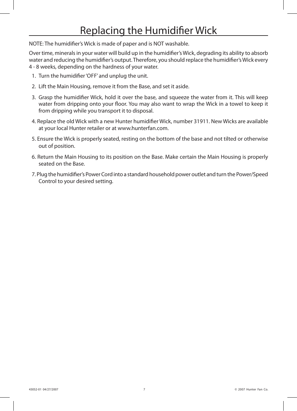 Replacing the humidifier wick | Hunter Fan 38200 User Manual | Page 7 / 28