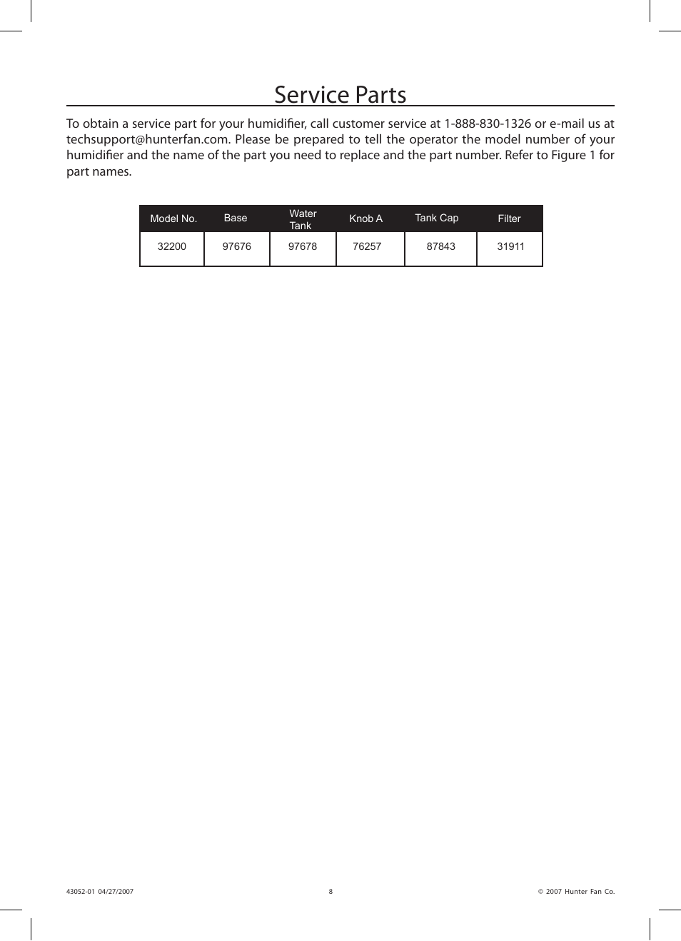 Service parts | Hunter Fan 38200 User Manual | Page 8 / 28