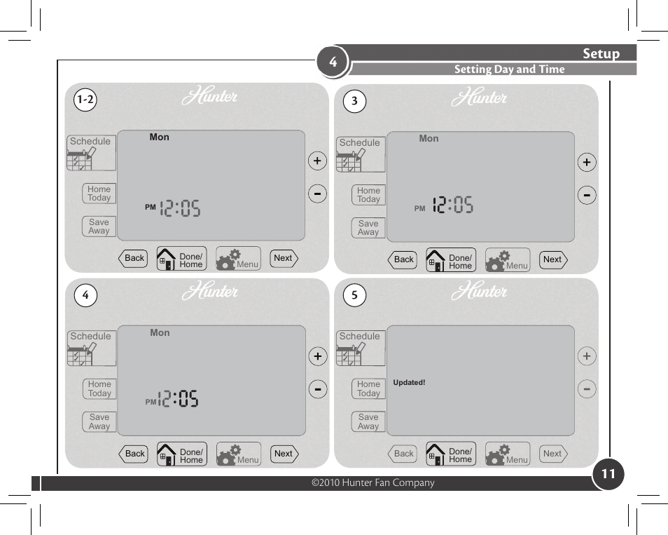 Setup, Setting day and time | Hunter Fan 44372 User Manual | Page 11 / 45