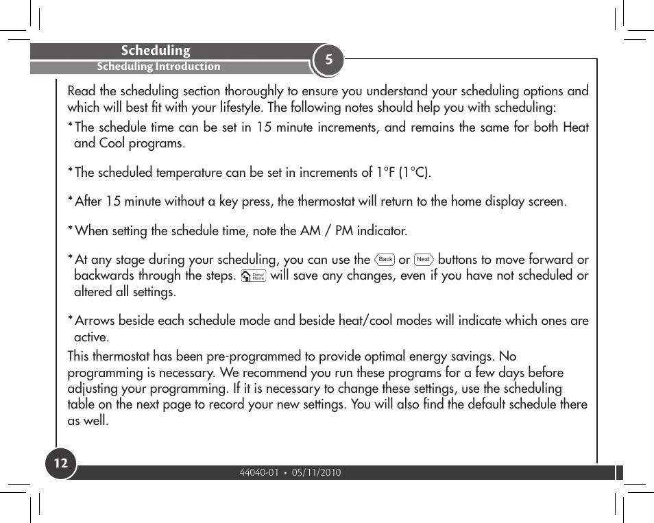 Scheduling, Scheduling introduction | Hunter Fan 44372 User Manual | Page 12 / 45