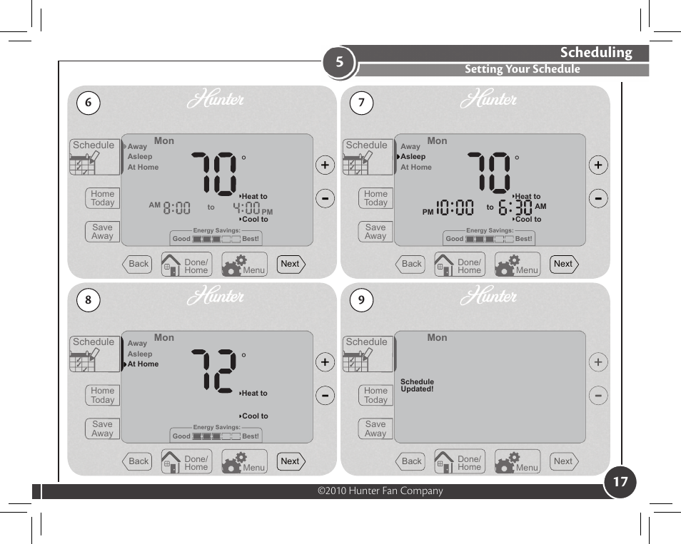 Scheduling, Setting your schedule, 2010 hunter fan company | Hunter Fan 44372 User Manual | Page 17 / 45