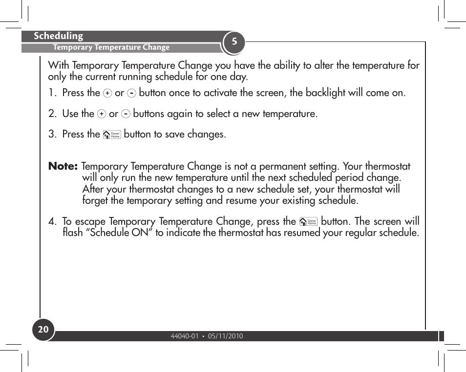Temporary temperature change, Scheduling | Hunter Fan 44372 User Manual | Page 20 / 45