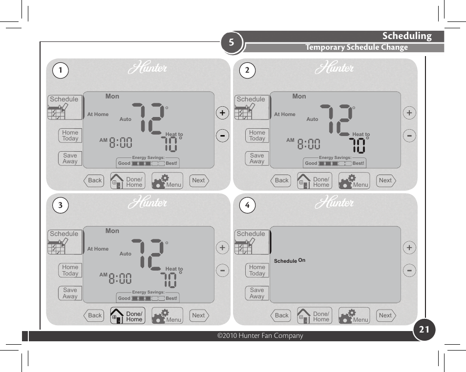 Scheduling, Temporary schedule change | Hunter Fan 44372 User Manual | Page 21 / 45