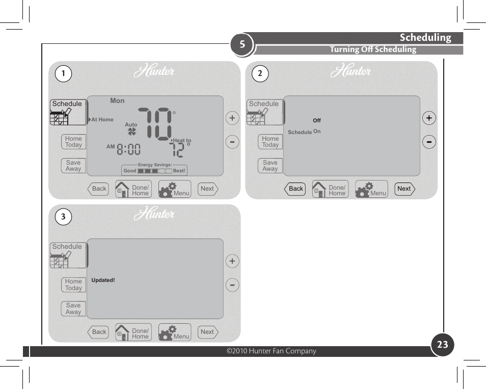 Scheduling, Turning off scheduling | Hunter Fan 44372 User Manual | Page 23 / 45