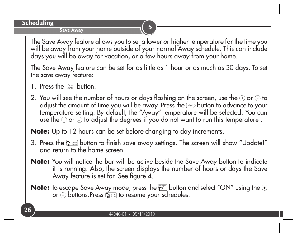 Save away, Scheduling, Button and select “on” using the or buttons.press | Hunter Fan 44372 User Manual | Page 26 / 45