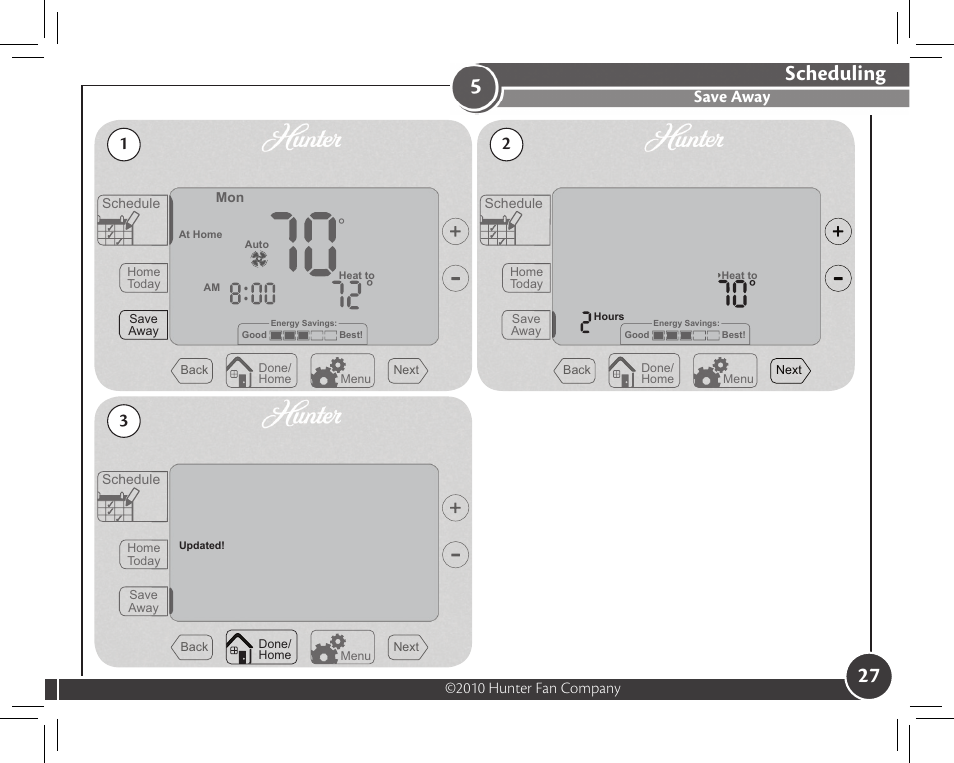 Scheduling, Save away | Hunter Fan 44372 User Manual | Page 27 / 45