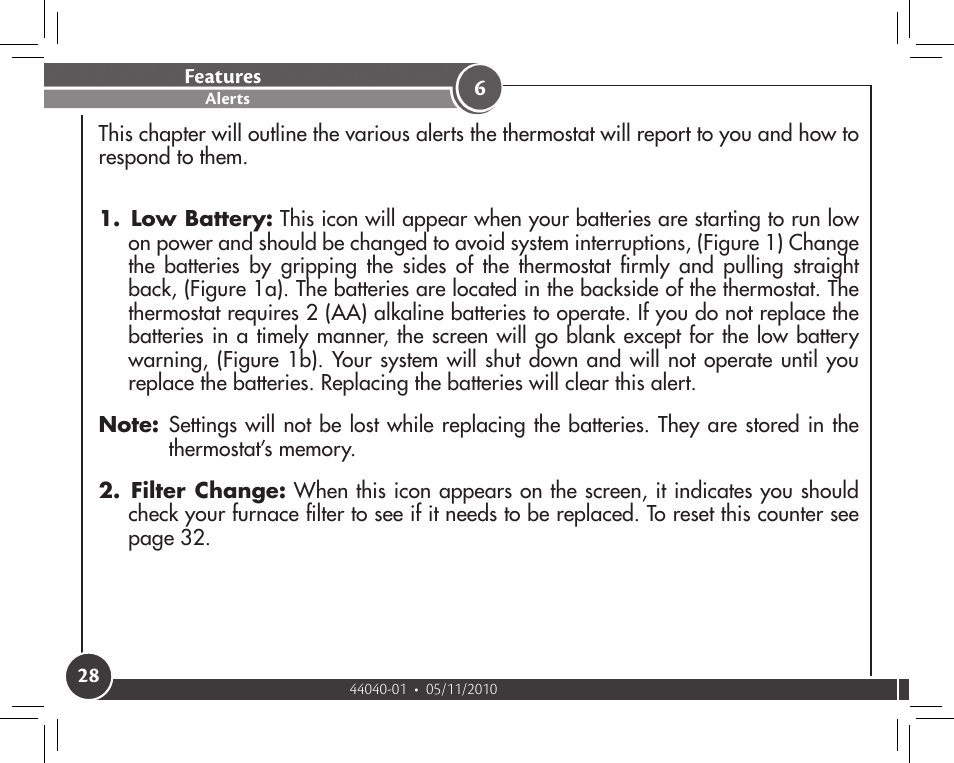 Features, Alerts | Hunter Fan 44372 User Manual | Page 28 / 45