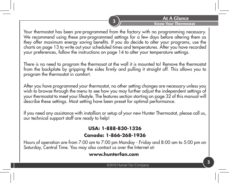 At a glance, Know your thermostat | Hunter Fan 44372 User Manual | Page 3 / 45