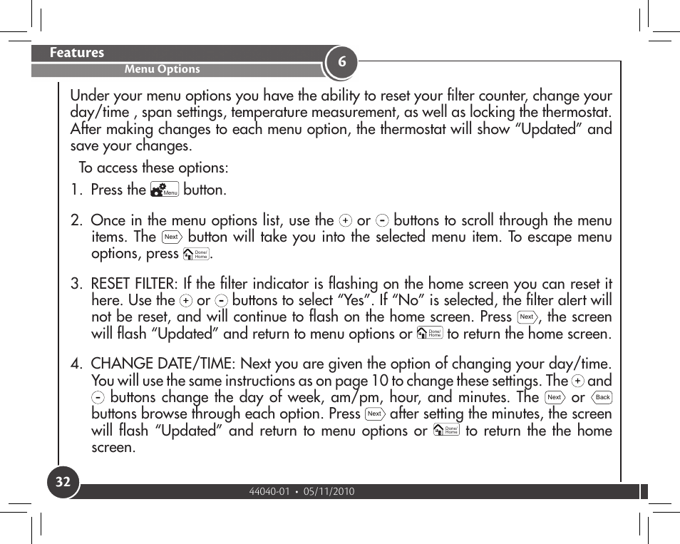 Menu options, Features, Buttons browse through each option. press | Hunter Fan 44372 User Manual | Page 32 / 45