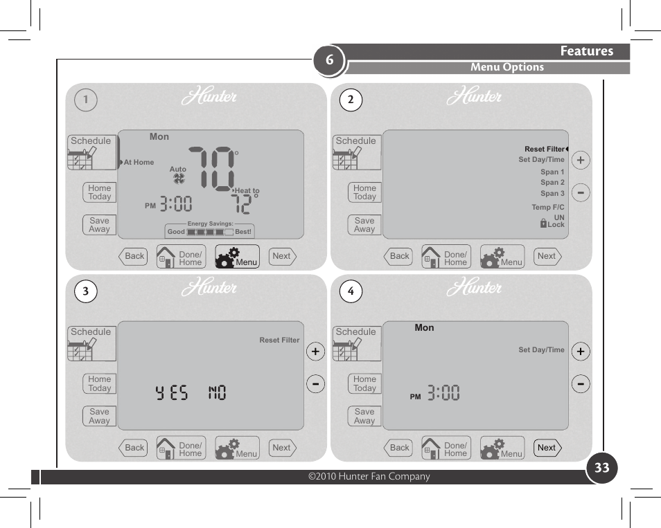 Features, Menu options | Hunter Fan 44372 User Manual | Page 33 / 45