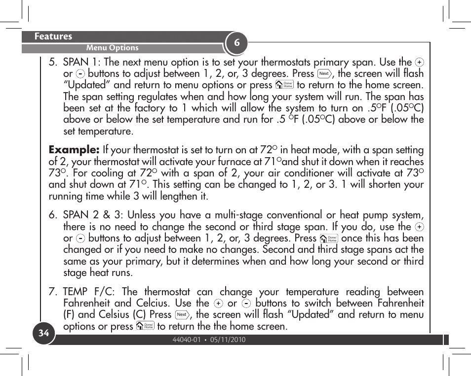 Features, F (.05, And shut it down when it reaches 73 | For cooling at 72, And shut down at 71 | Hunter Fan 44372 User Manual | Page 34 / 45