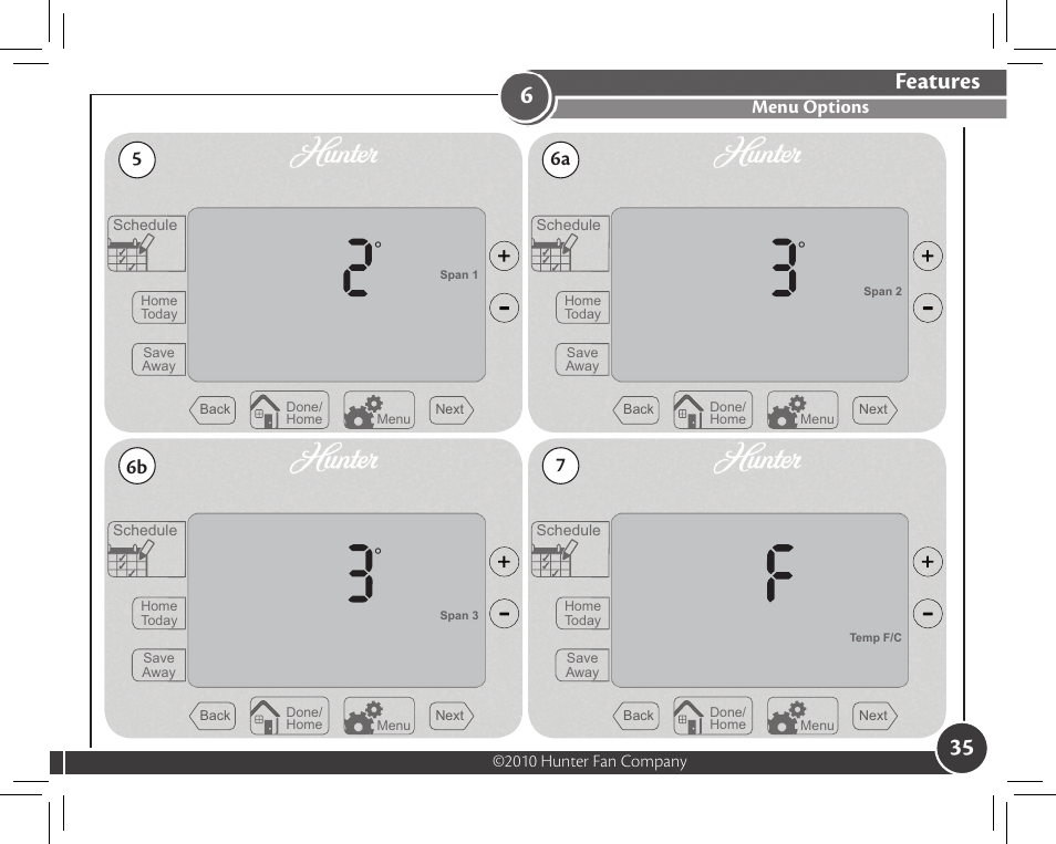 Features, Menu options | Hunter Fan 44372 User Manual | Page 35 / 45