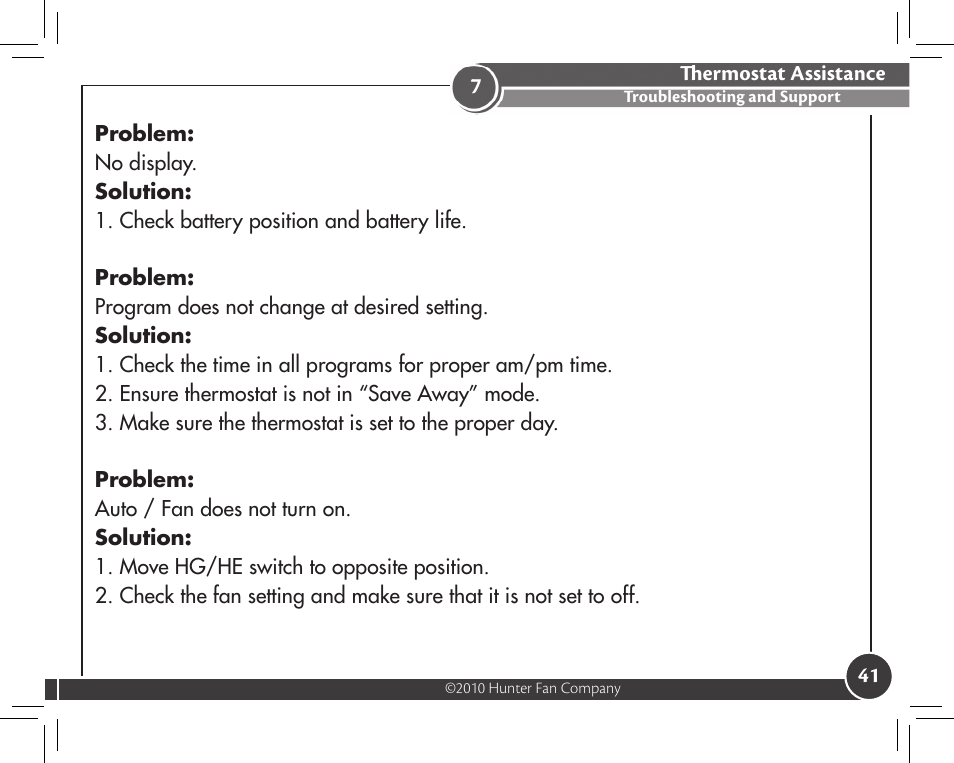 Thermostat assistance, Troubleshooting and support | Hunter Fan 44372 User Manual | Page 41 / 45