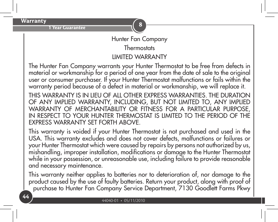 Warranty, 1 year guarantee | Hunter Fan 44372 User Manual | Page 44 / 45