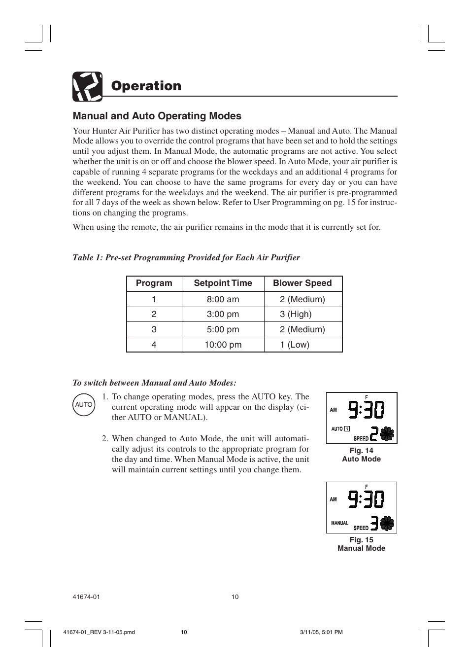 Operation, Manual and auto operating modes | Hunter Fan 37225 User Manual | Page 10 / 24