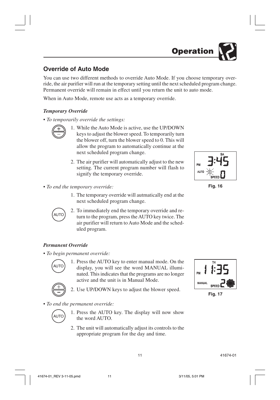 Operation, Override of auto mode | Hunter Fan 37225 User Manual | Page 11 / 24