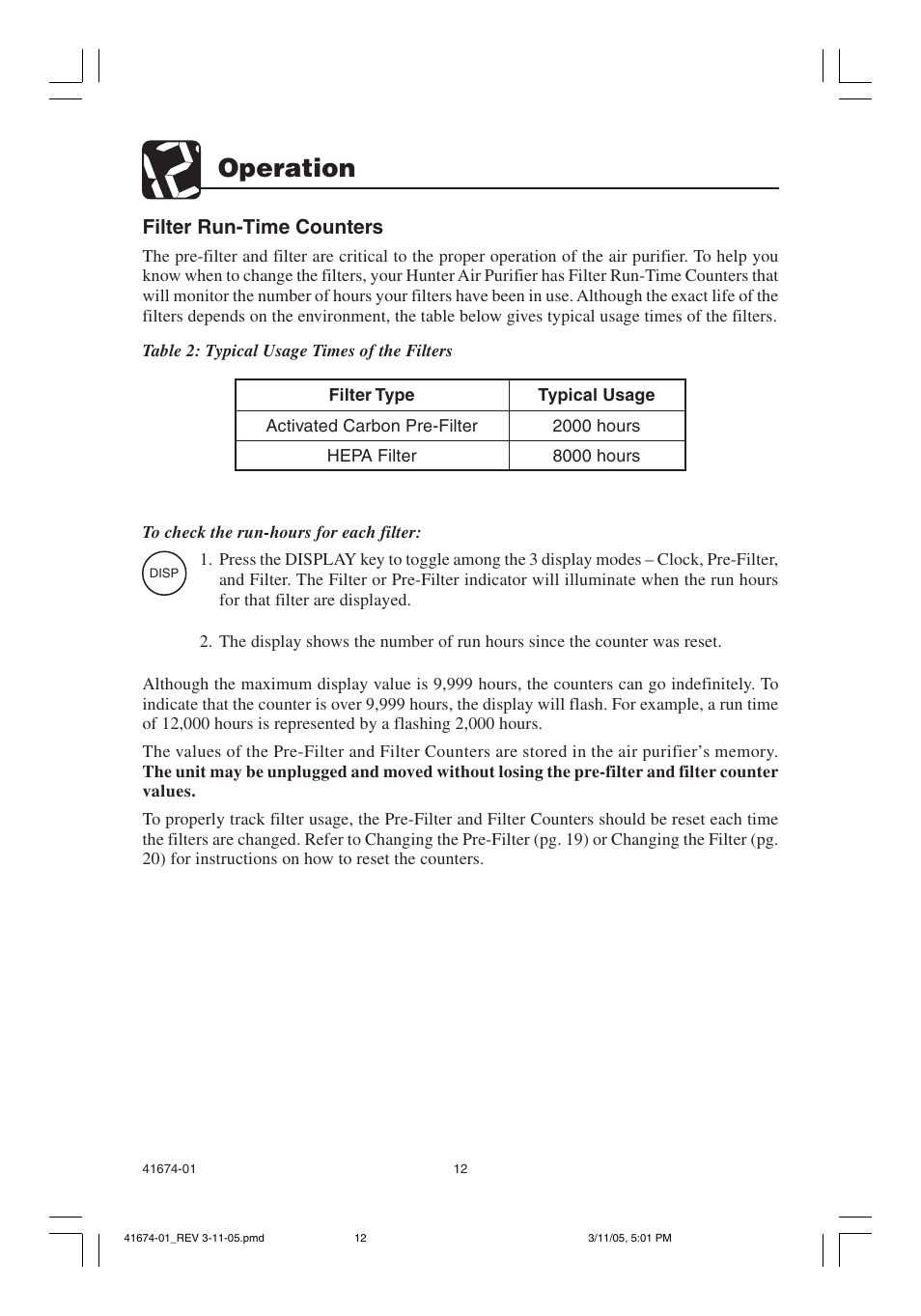 Operation, Filter run-time counters | Hunter Fan 37225 User Manual | Page 12 / 24