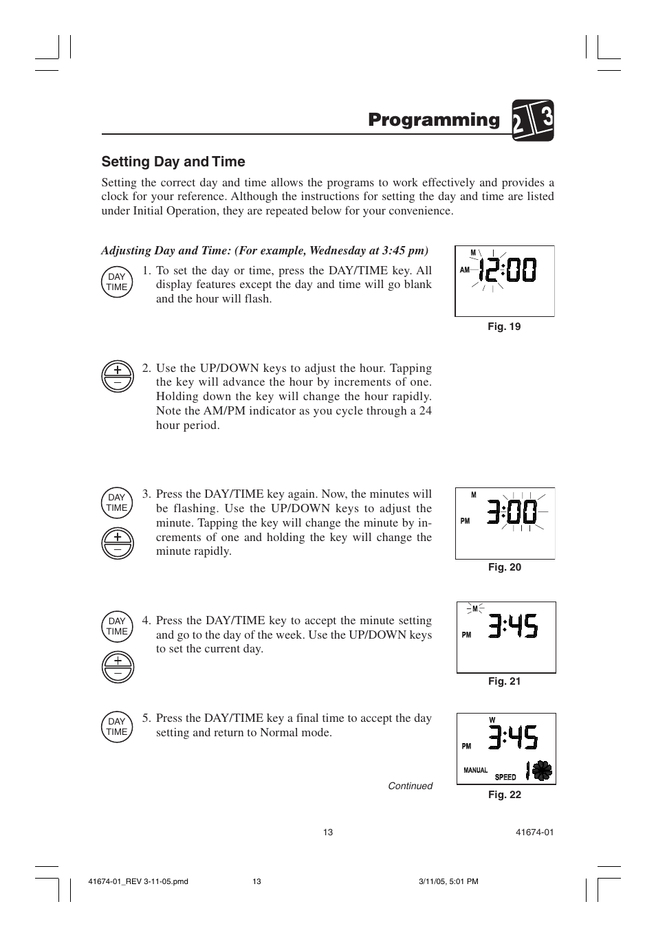 Programming, Setting day and time | Hunter Fan 37225 User Manual | Page 13 / 24