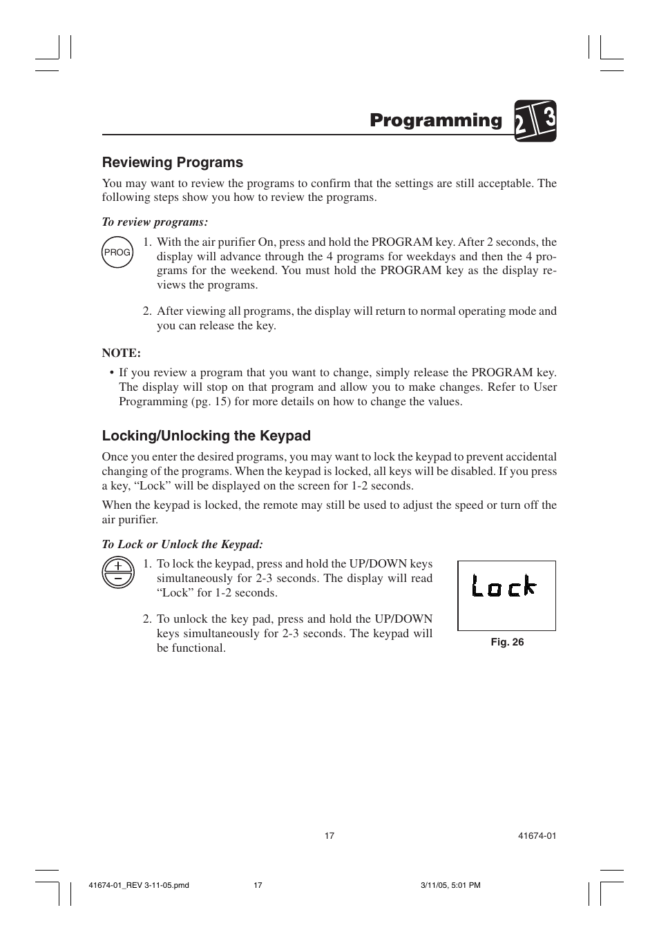 Programming, Reviewing programs, Locking/unlocking the keypad | Hunter Fan 37225 User Manual | Page 17 / 24