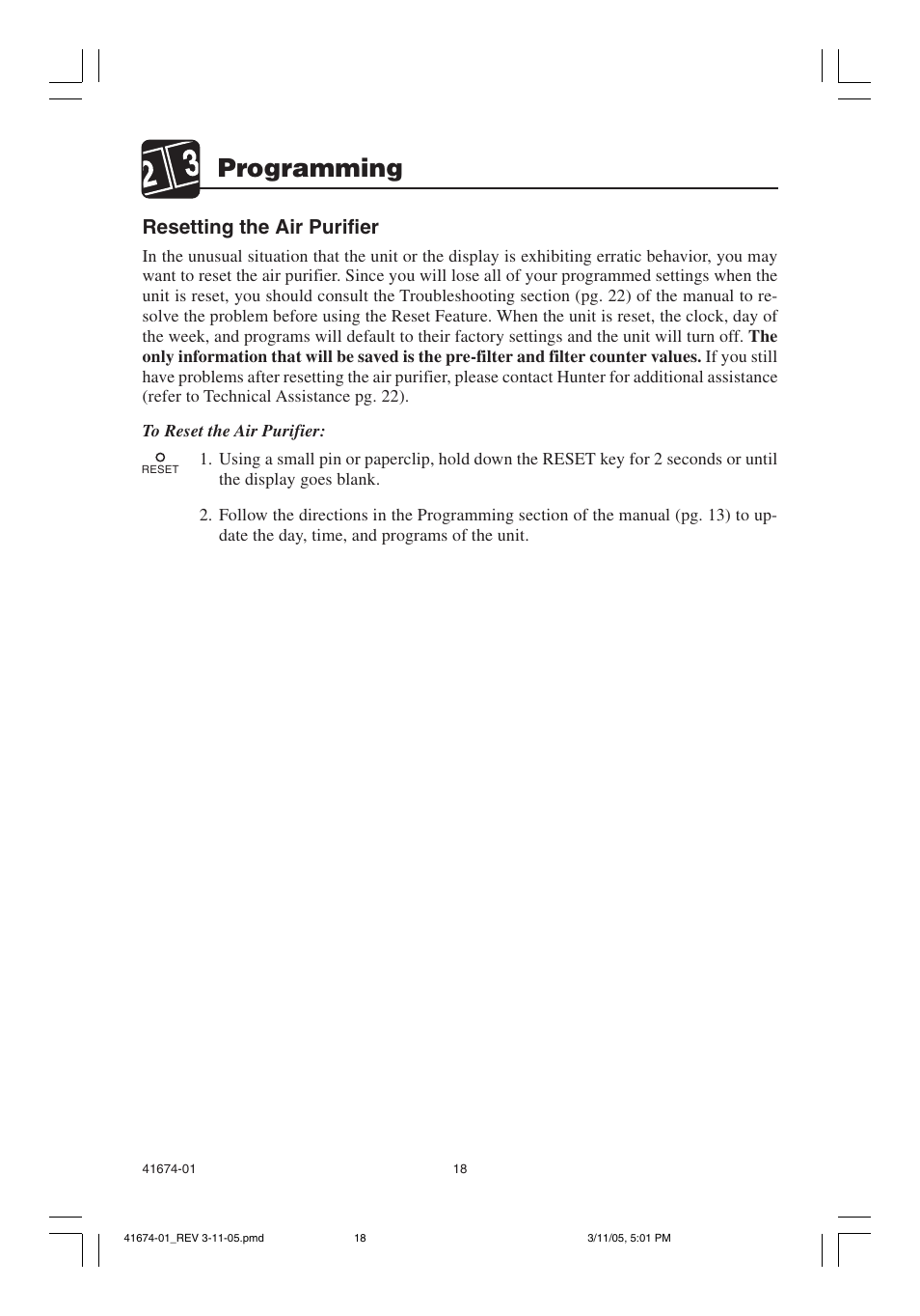 Programming, Resetting the air purifier | Hunter Fan 37225 User Manual | Page 18 / 24