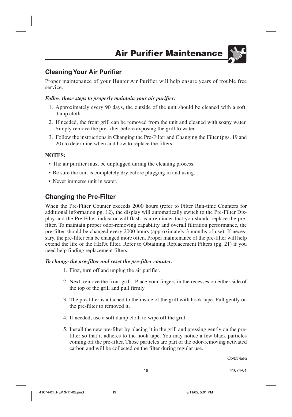 Air purifier maintenance, Cleaning your air purifier, Changing the pre-filter | Hunter Fan 37225 User Manual | Page 19 / 24