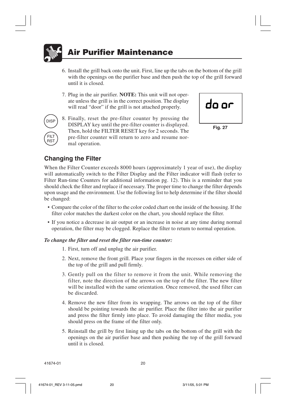 Air purifier maintenance, Changing the filter | Hunter Fan 37225 User Manual | Page 20 / 24