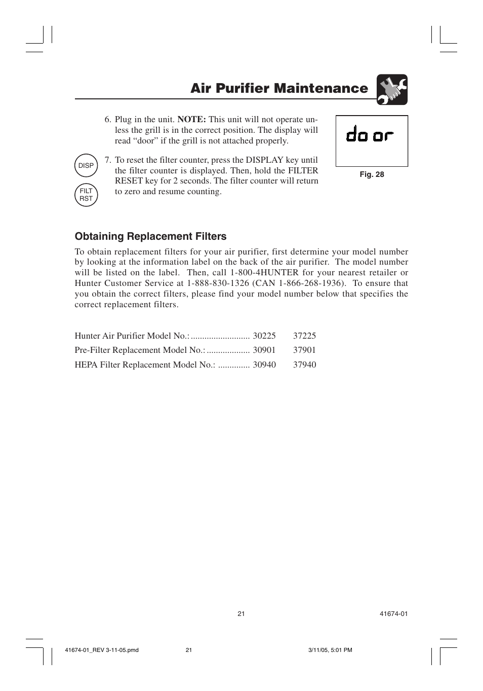 Air purifier maintenance, Obtaining replacement filters | Hunter Fan 37225 User Manual | Page 21 / 24