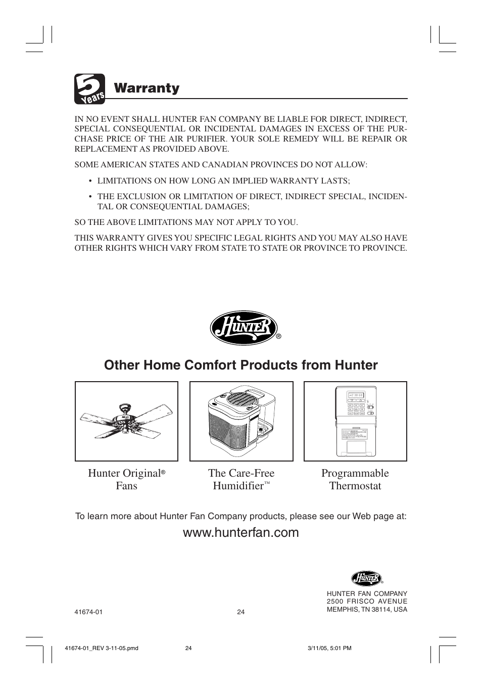 Warranty, The care-free humidifier, Programmable thermostat | Hunter original, Fans | Hunter Fan 37225 User Manual | Page 24 / 24