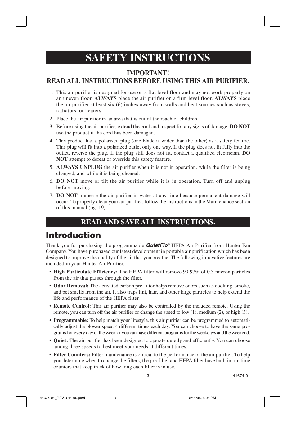 Safety instructions, Introduction, Read and save all instructions | Hunter Fan 37225 User Manual | Page 3 / 24