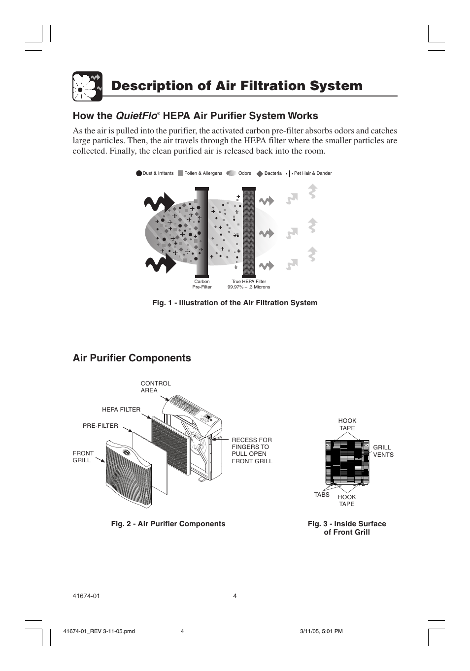 Description of air filtration system, Quietflo, How the | Hepa air purifier system works, Air purifier components | Hunter Fan 37225 User Manual | Page 4 / 24