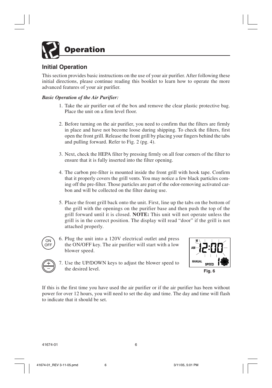 Operation, Initial operation | Hunter Fan 37225 User Manual | Page 6 / 24