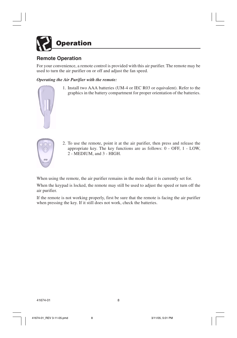 Operation, Remote operation | Hunter Fan 37225 User Manual | Page 8 / 24