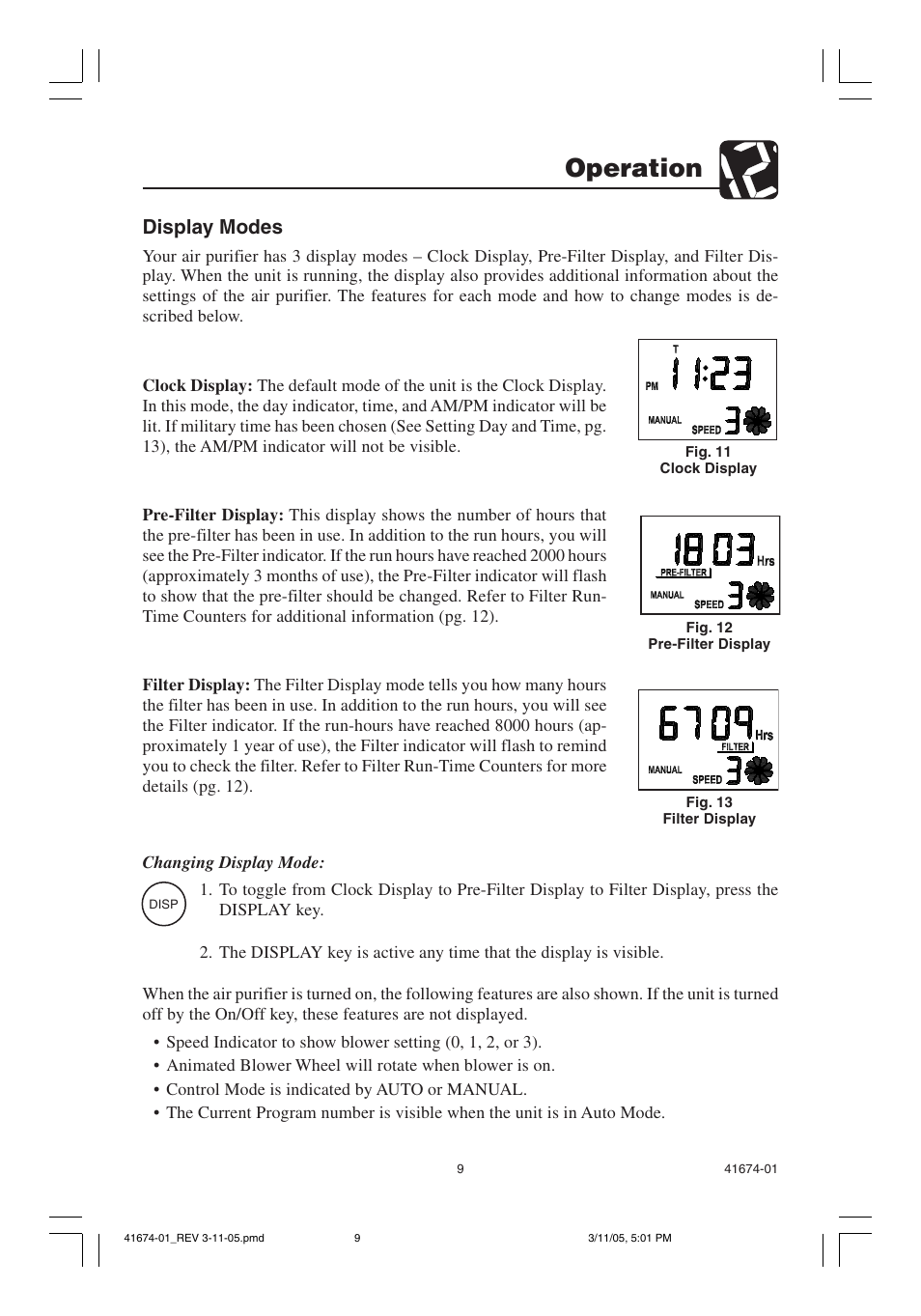 Operation, Display modes | Hunter Fan 37225 User Manual | Page 9 / 24
