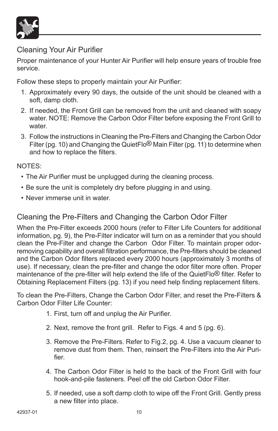 Cleaning your air purifier | Hunter Fan 37785 User Manual | Page 10 / 16