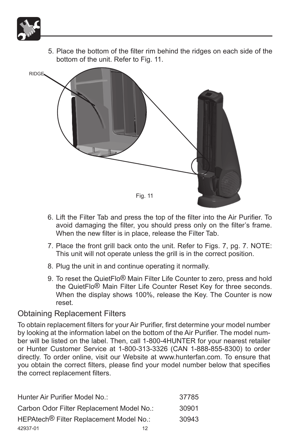 Obtaining replacement filters | Hunter Fan 37785 User Manual | Page 12 / 16