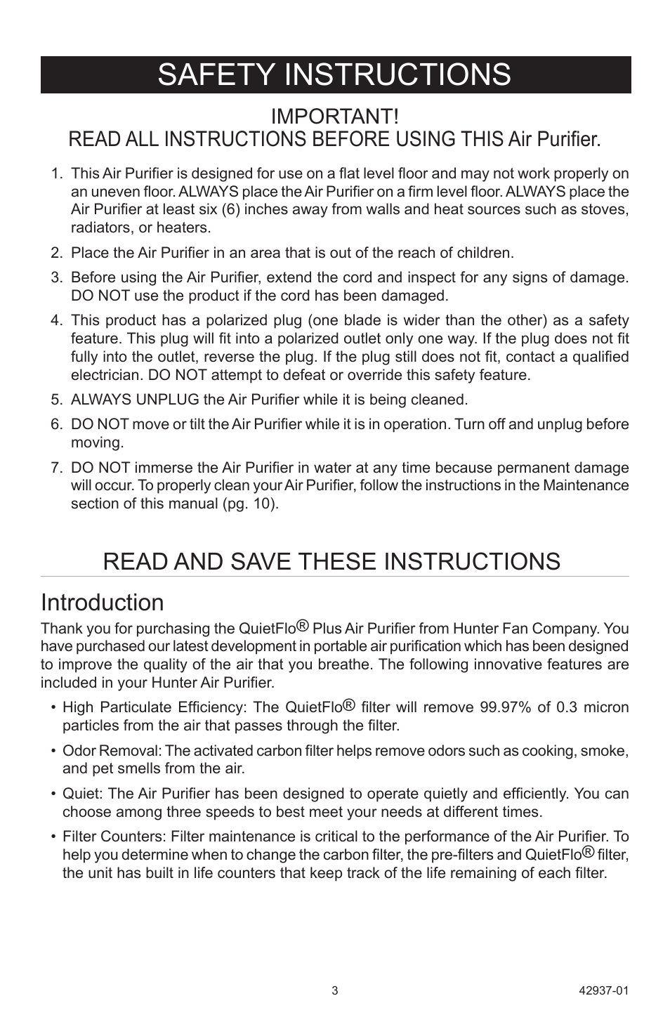 Safety instructions, Read and save these instructions, Introduction | Hunter Fan 37785 User Manual | Page 3 / 16