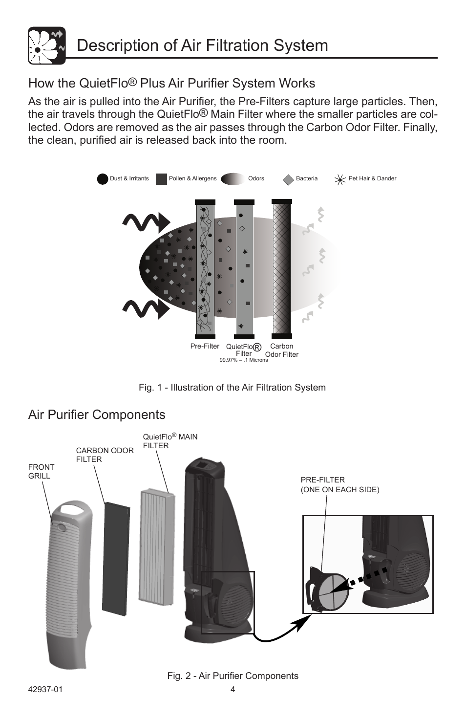Description of air filtration system, How the quietflo, Plus air purifier system works | Air purifier components | Hunter Fan 37785 User Manual | Page 4 / 16