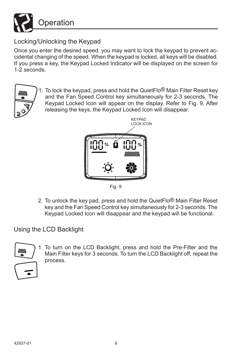 Operation, Using the lcd backlight, Locking/unlocking the keypad | Hunter Fan 37785 User Manual | Page 8 / 16