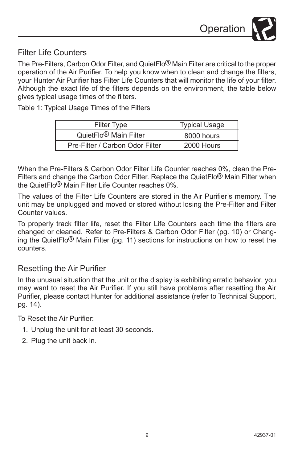 Operation, Filter life counters, Resetting the air purifier | Hunter Fan 37785 User Manual | Page 9 / 16