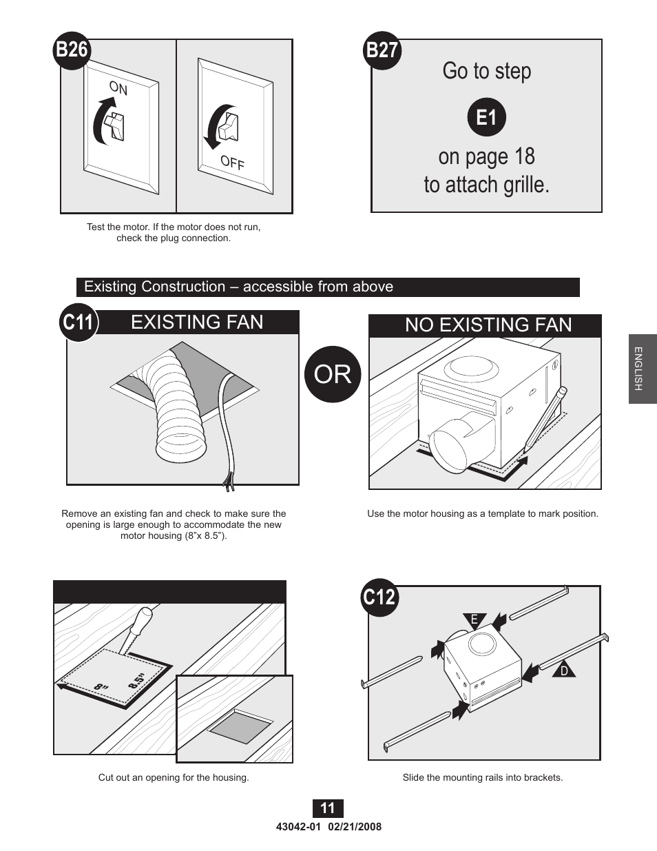 Go to step on page 18 to attach grille, Existing fan no existing fan | Hunter Fan 82048 User Manual | Page 11 / 21