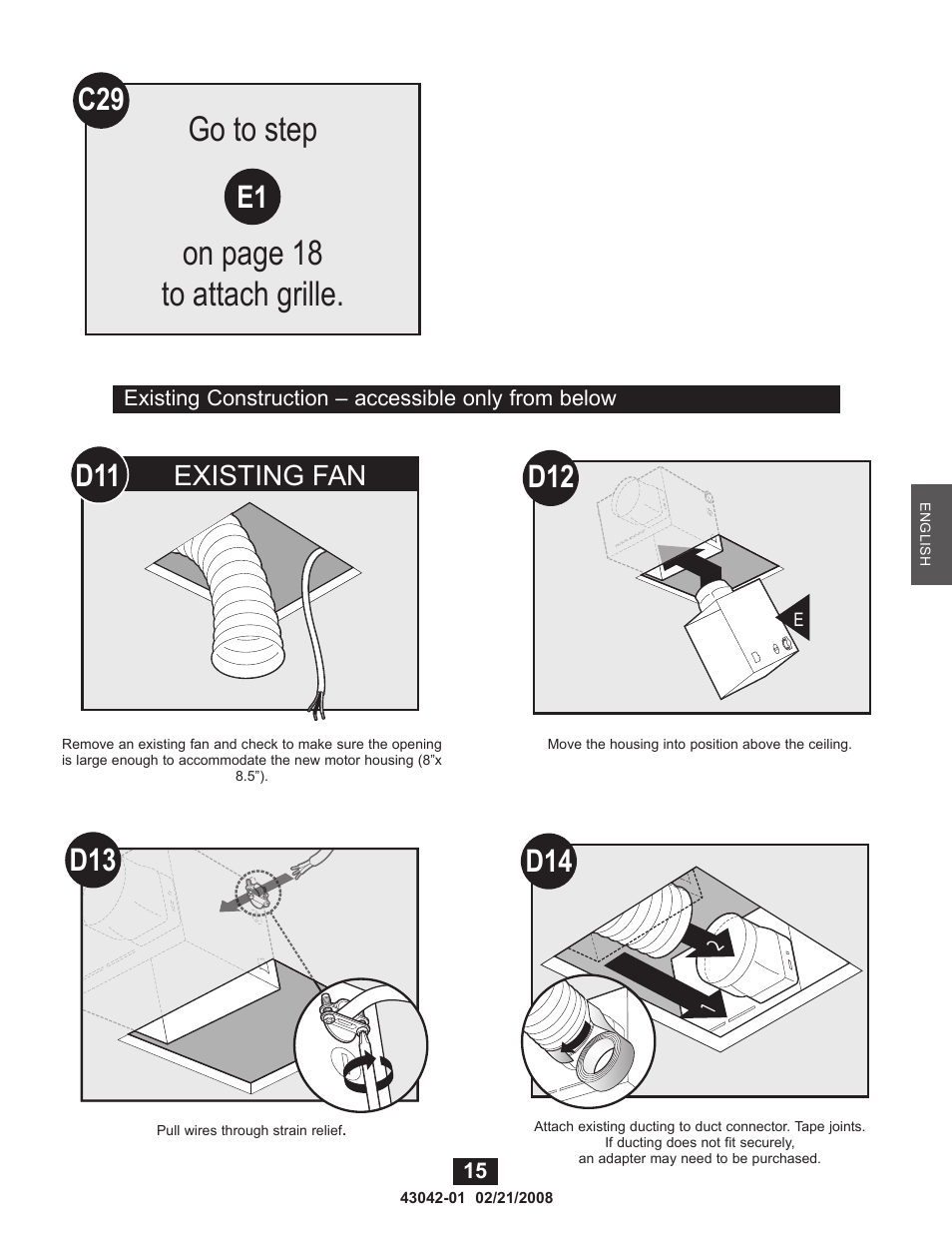 Go to step on page 18 to attach grille, C29 e1, Existing fan | Hunter Fan 82048 User Manual | Page 15 / 21