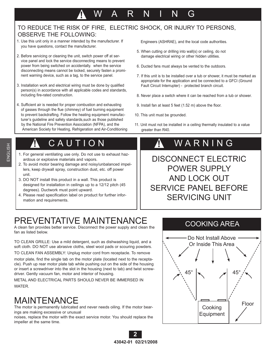 Preventative maintenance, Maintenance, Cooking area | Hunter Fan 82048 User Manual | Page 2 / 21