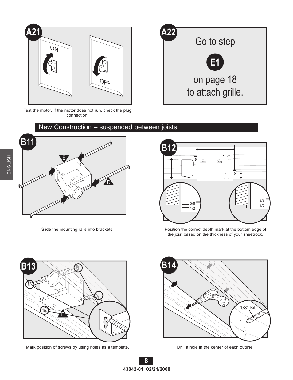 Go to step on page 18 to attach grille, A22 e1 | Hunter Fan 82048 User Manual | Page 8 / 21